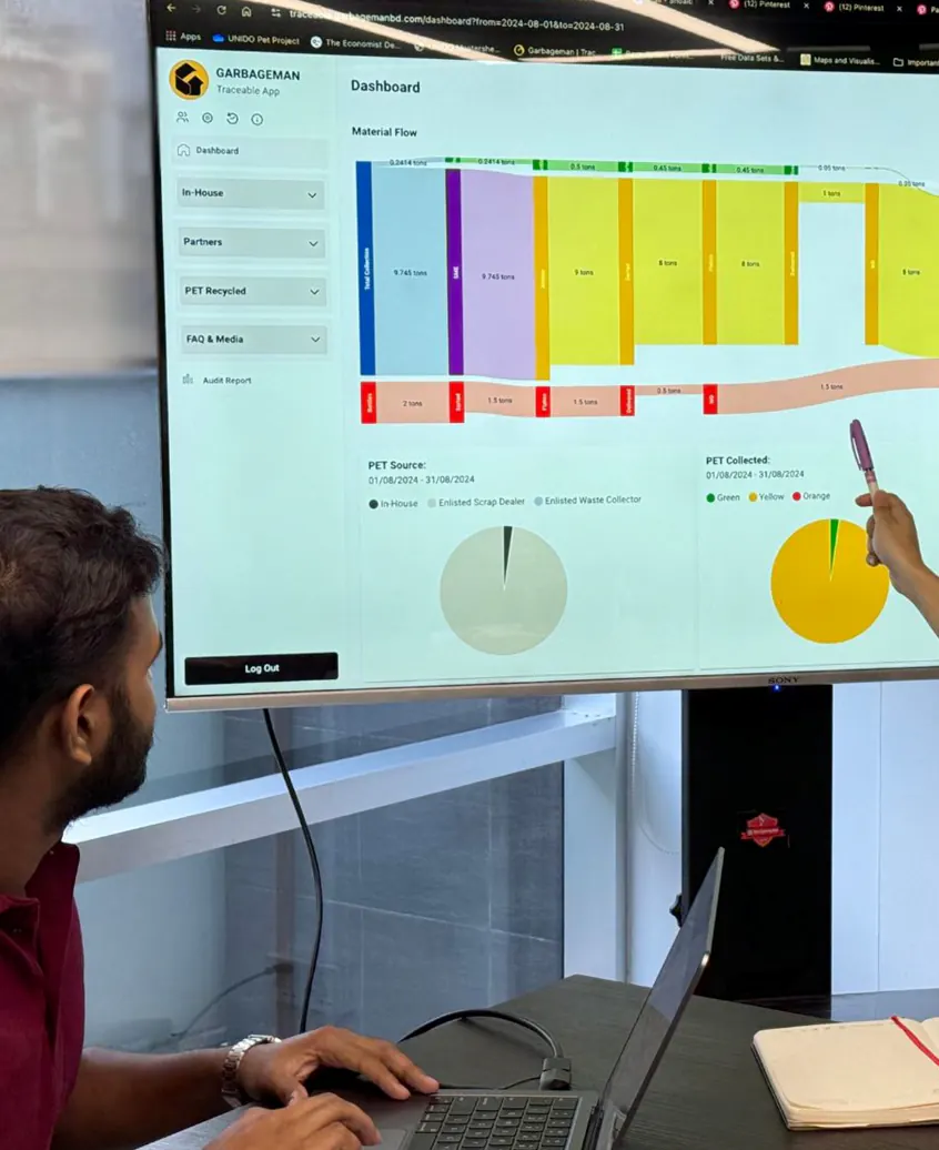 Garbageman team reviewing material traceability data on the Traceable App dashboard